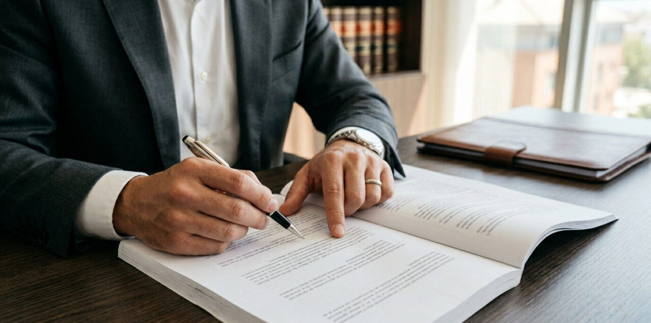La Custodia Exclusiva: Claves legales para defender el bienestar del menor 1 Abogado señalando con precisión jurisprudencia clave del Tribunal Supremo en un documento legal sobre la Custodia Exclusiva.