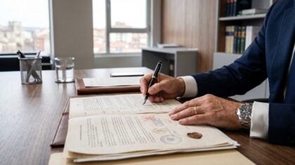 Blog 6 Abogados especialistas en herencias internacionales revisando documentación legal en un despacho profesional.