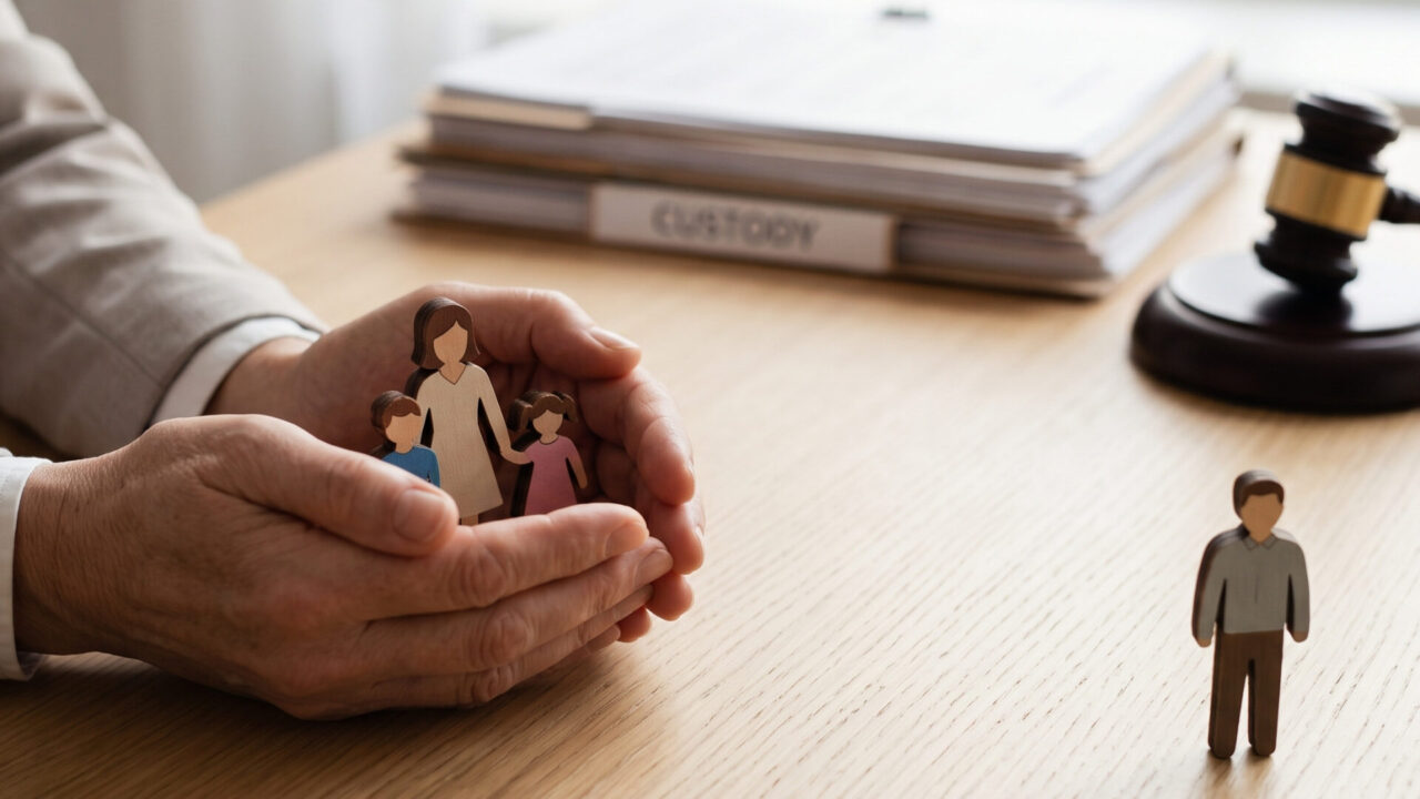 La Custodia Exclusiva: Claves legales para defender el bienestar del menor 1 Primer plano de manos profesionales sosteniendo simbólicas figuras de madera de una familia en un escritorio legal. Al fondo, un mazo de juez y archivos etiquetados representan una decisión de custodia exclusiva.