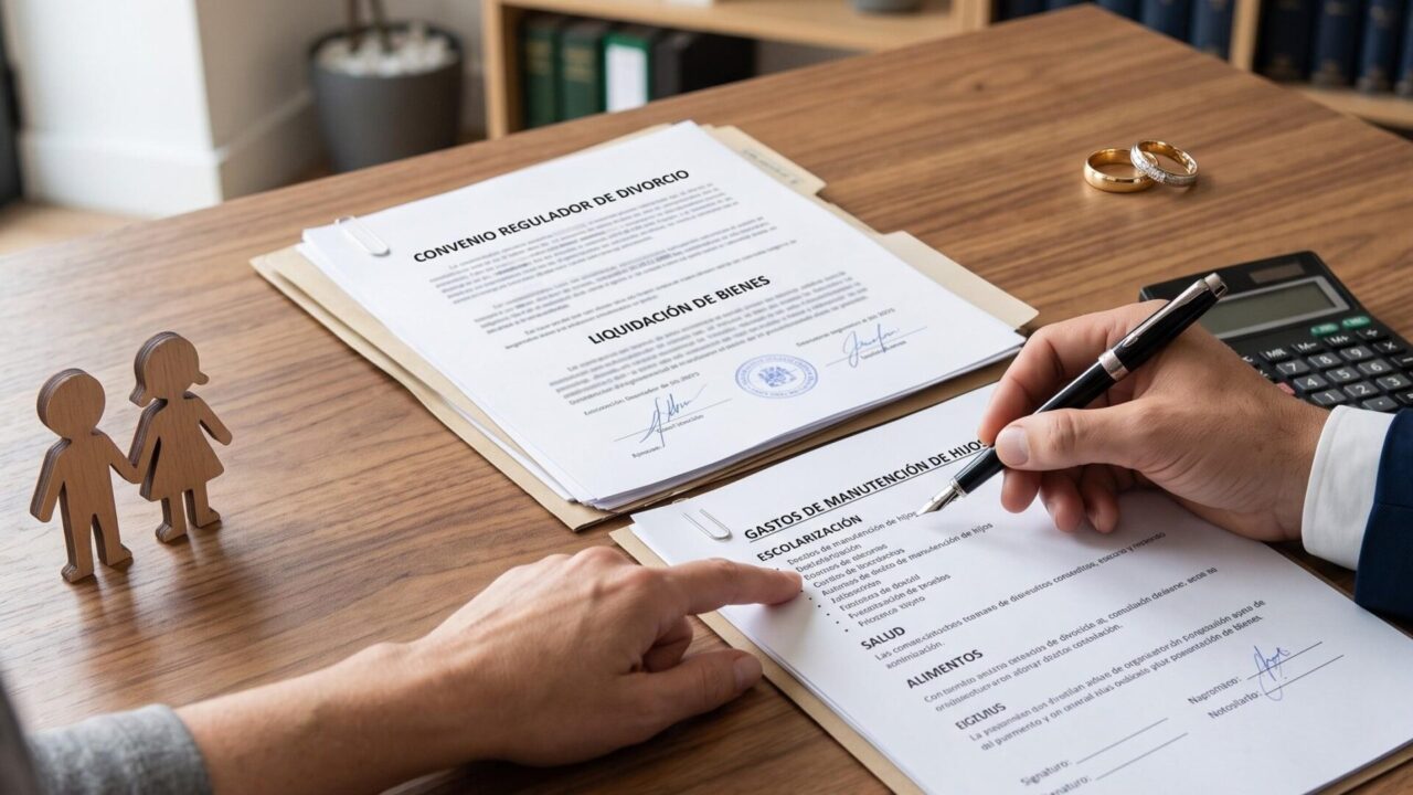 Abogados analizando documentación financiera sobre gastos extraordinarios de los hijos en un despacho profesional.