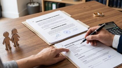 Abogados analizando documentación financiera sobre gastos extraordinarios de los hijos en un despacho profesional.